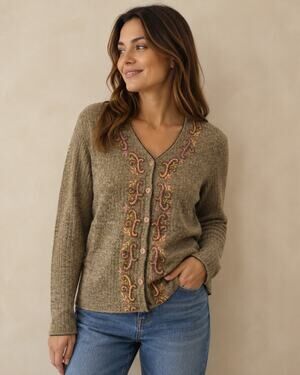 Vtg 90s Borgo Forte Cardigan Womens M Embroidered Beaded Boho Sweater Chenille